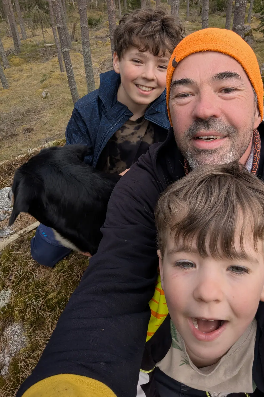 Selfie in the forest: one of us with two kids and the dog