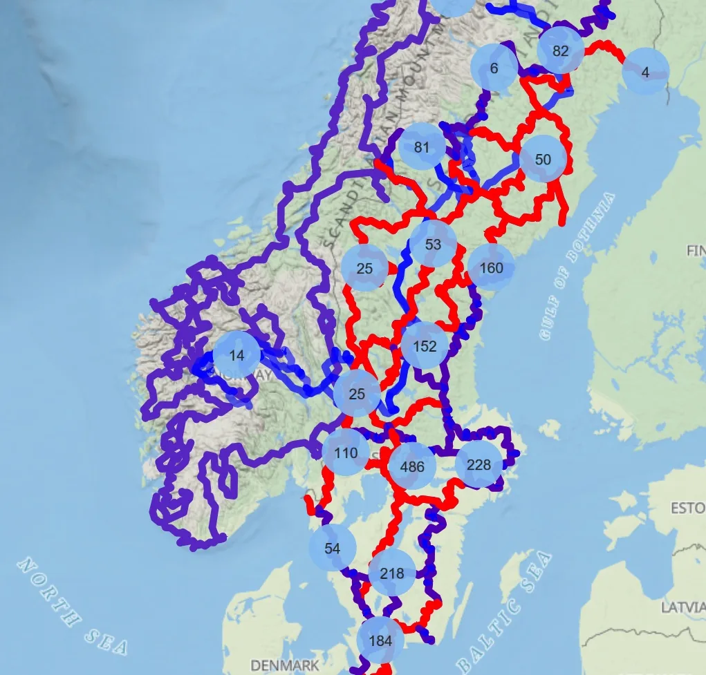 Map of Sweden and Norway with all our tested gravel and forest tracks