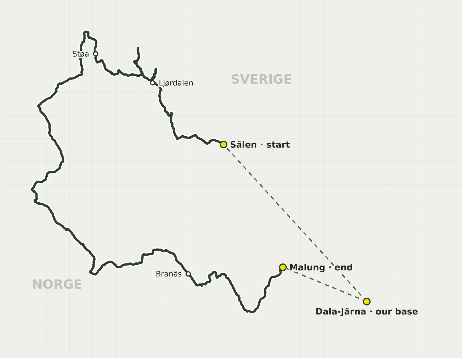 Route sketch of the Border Trail from Sälen via Ljørdalen and Støa in Norway back via Branäs to Malung