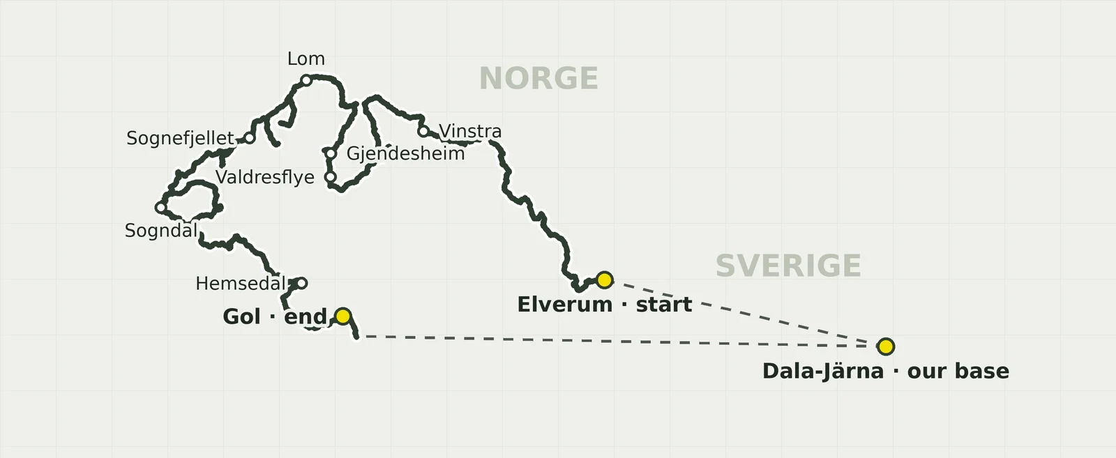 Map of the Norway Gravel tour from Dalarna via Elverum and Vinstra to the Sognefjord and back via Gol