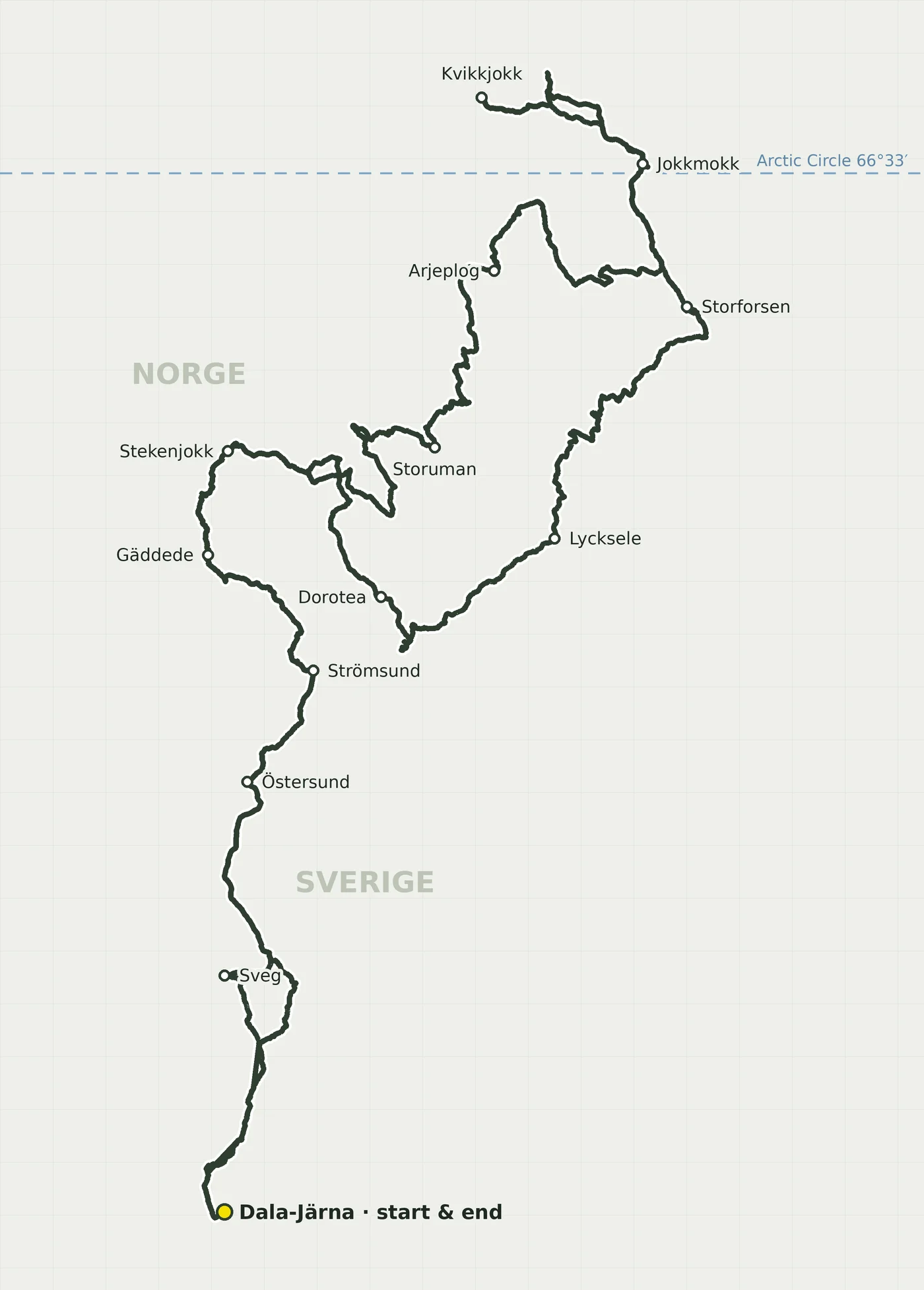 Map of the Up North tour from Dalarna through Jämtland and Lapland to Kvikkjokk, Jokkmokk and Storforsen