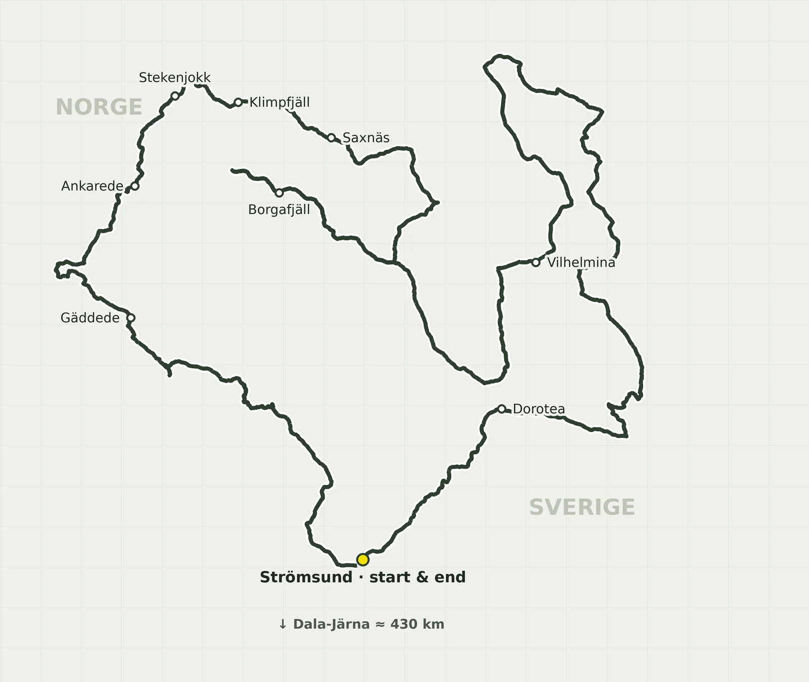 Map of the Vildmarksvägen gravel loop via Strömsund, Gäddede, Stekenjokk, Vilhelmina and Dorotea