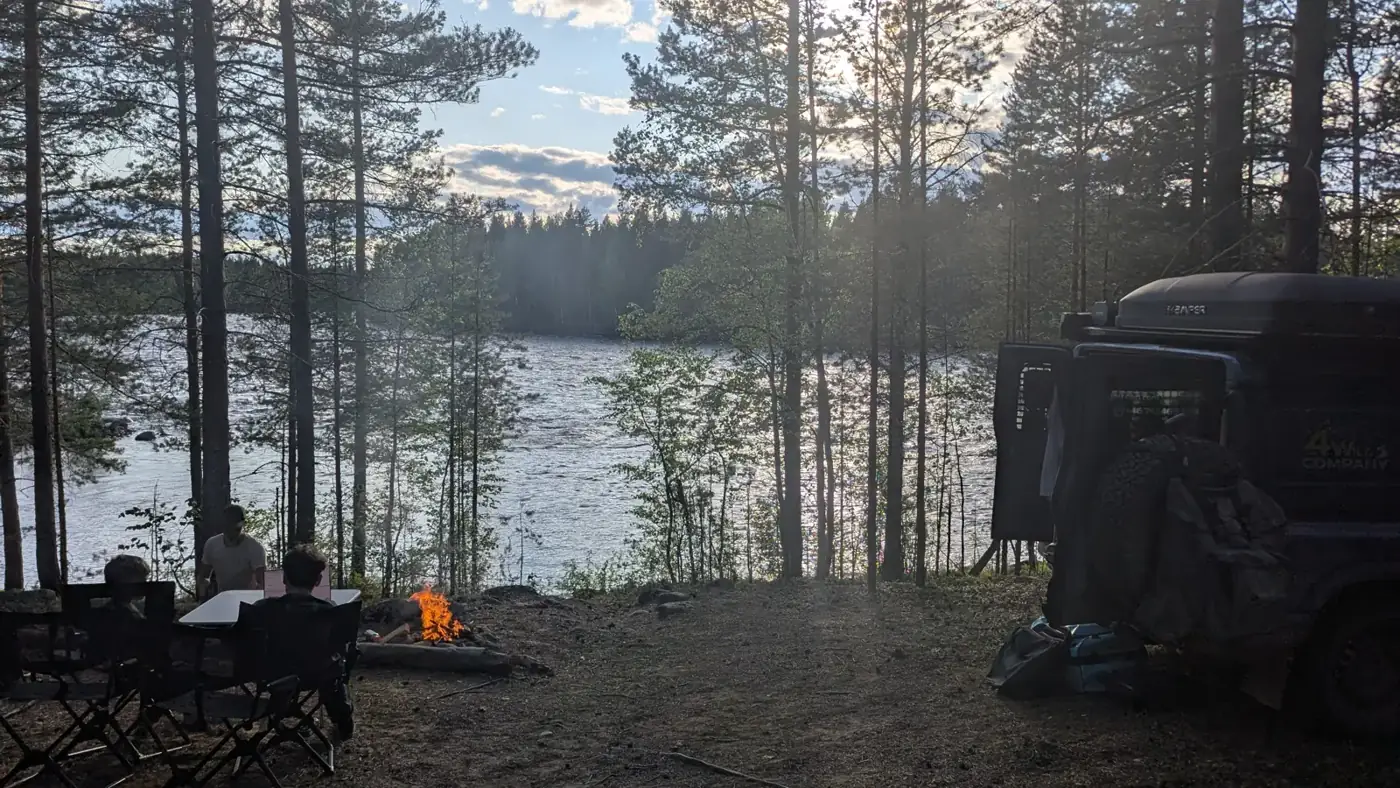 Evening campfire by the lake